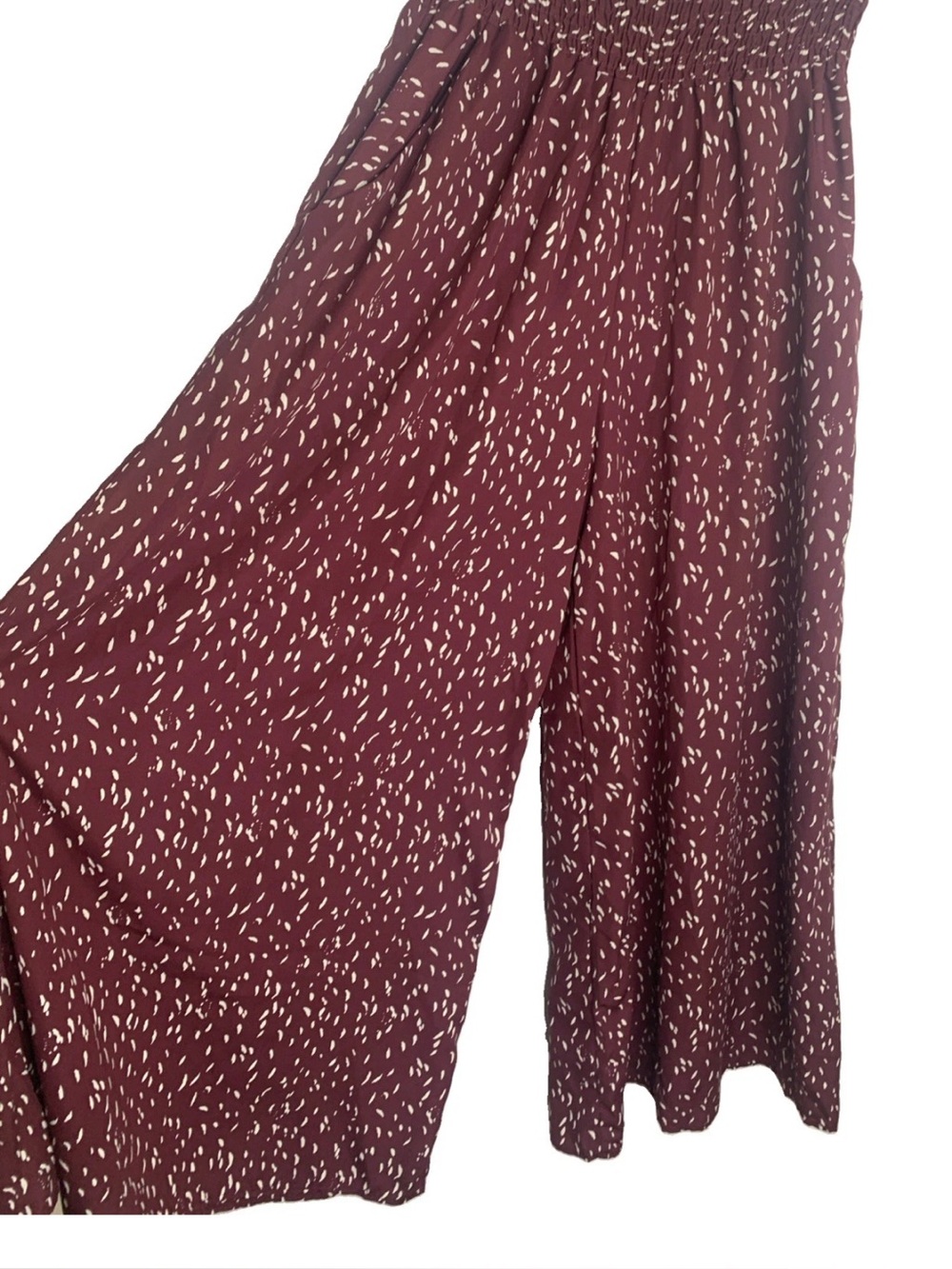 BucketList Smocked Wide Leg Maxi Pants Burgandy W/ Dash Print Boho Palazzo Sz M